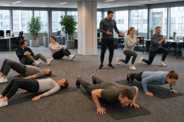 Kleine groepstraining bedrijf: collega's doen samen squats onder begeleiding van personal trainer op kantoor.